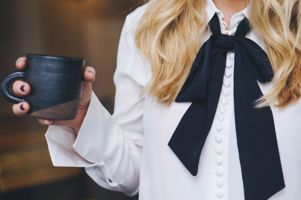 A pussy bow blouse with black silk tie, perfect for Fall.