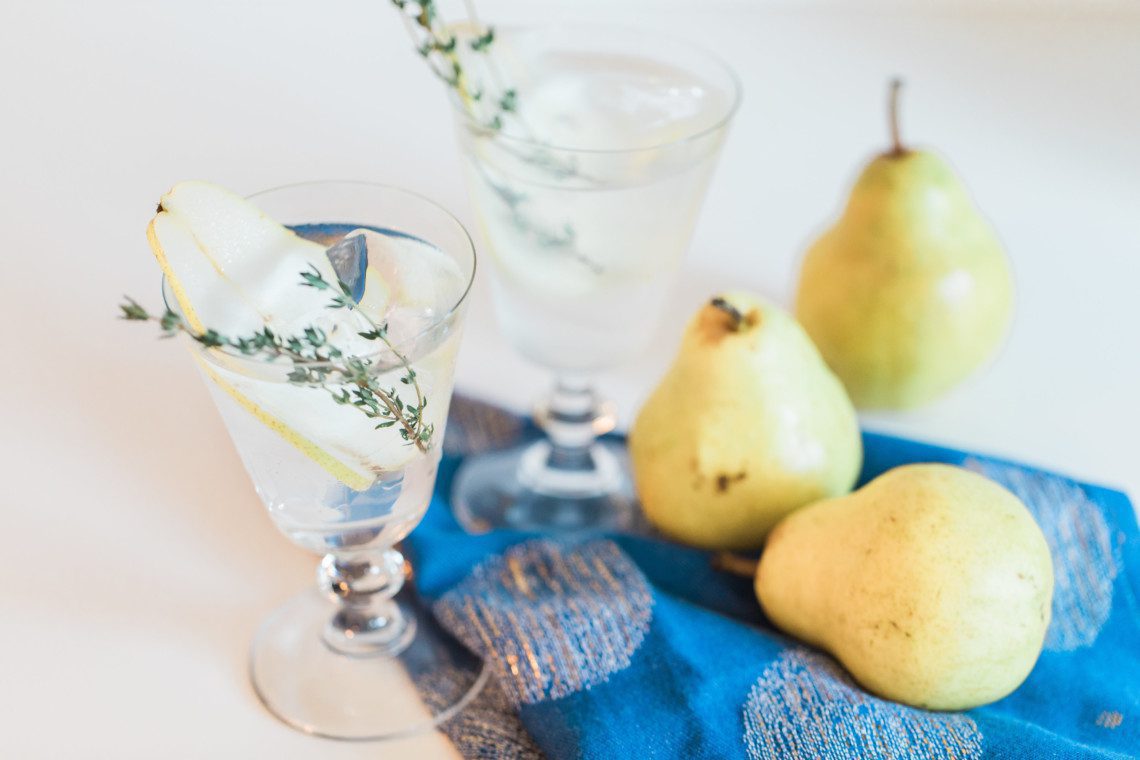 A recipe for a pear cocktail with thyme using St. George Pear Brandy
